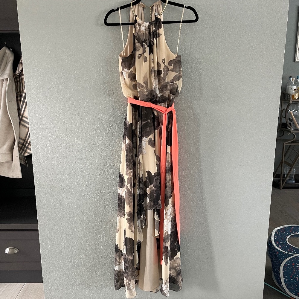 Eliza J beige high-lo midi dress with choker collar